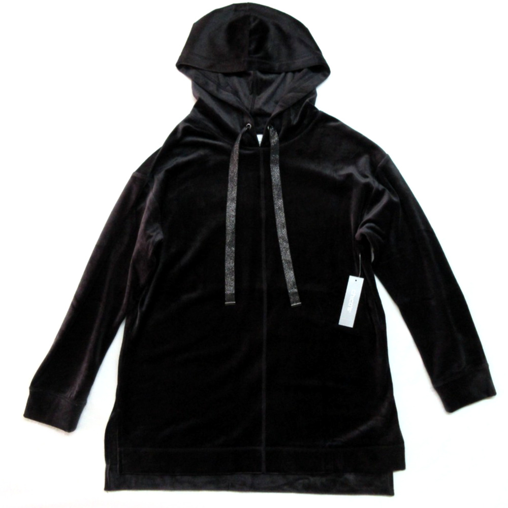 NWT CHICOS 1 Women's M Top Zenergy Black Velour Hooded Tunic Sweatshirt Cozy